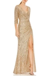 Mac Duggal Ruched Sequin A-line Gown In Metallic