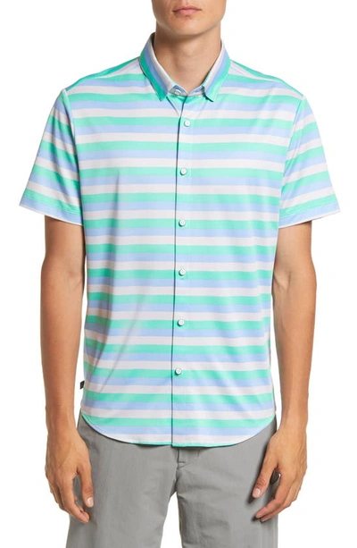 Mizzen + Main Halyard Stripe Short Sleeve Stretch Button-up Shirt In Green Multi Stripe