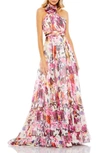 Mac Duggal Asymmetrical Ruffled Halter Floral Gown In Pink/ White Multi