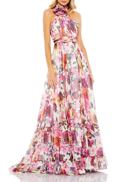 MAC DUGGAL FLORAL ROSETTE HALTER NECK GOWN