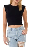 Endless Rose Cutout Padded Shoulder Crop Top In Black