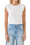 Endless Rose Cutout Padded Shoulder Crop Top In White