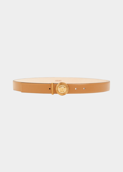 Versace Medusa Coin Leather Belt In Brown