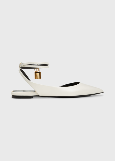 Tom Ford Lock Leather Ankle-strap Ballerina Flats In Chalk