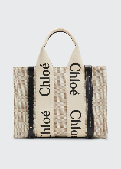 Chloé Woody Small Logo Canvas Tote Bag In White/blue