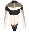 Mugler Illusion Stretch Jersey-trimmed Tulle Thong Bodysuit In Black Nude 01
