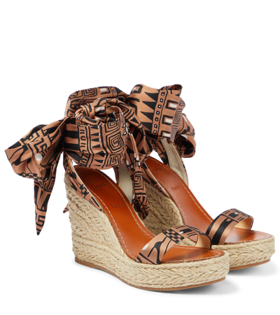 Christian Louboutin Monica Du Désert 120 Printed Satin Espadrille Wedge Sandals In Brown-black/naturel