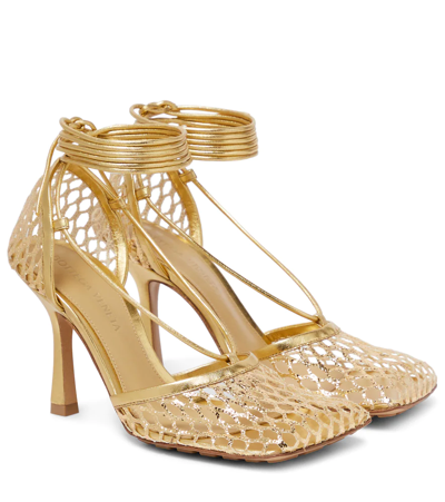 Bottega Veneta Metallic Leather-trimmed Mesh Pumps In Gold