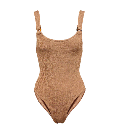 Hunza G Domino Scoop-neck Crinkle-knit Swimsuit In Brown