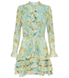 Etro Ruffled Metallic Floral-jacquard Silk-chiffon Mini Dress In Azzurro