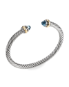David Yurman Cable Bracelet With Gemstone In Silver With 14k Gold, 5mm In Blue Topaz