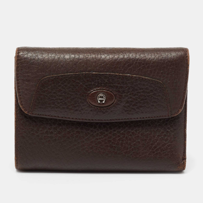 Pre-owned Aigner Brown Leather Logo Flap Trifold Wallet