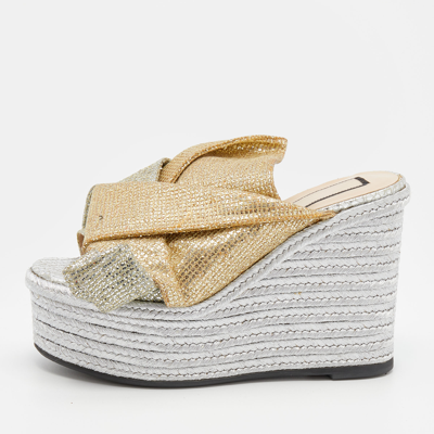 Pre-owned N°21 Silver/gold Glitter Fabric Raso Knot Espadrille Platform Wedge Sandals Size 35.5