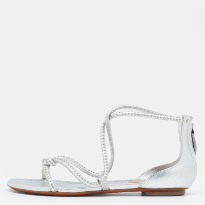 Pre-owned Alaïa Silver Leather Studded Cross Strappy Flat Sandals Size 38