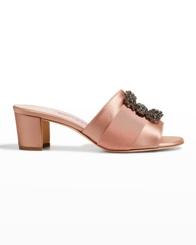 Manolo Blahnik Marta Crystal Buckle Silk Sandals In Light Brown