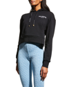 Balmain Black Flocked Logo Crop Hoodie In Redwhite