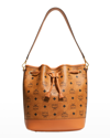 Mcm Dessau Medium Monogram Drawstring Bucket Bag In Cognac