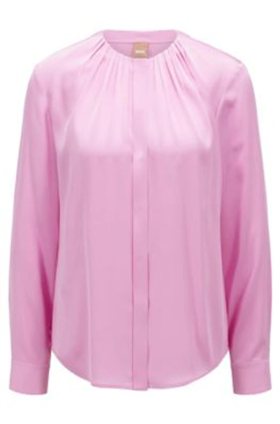Hugo Boss Ruched-neck Blouse In Stretch-silk Crepe De Chine In Light Pink