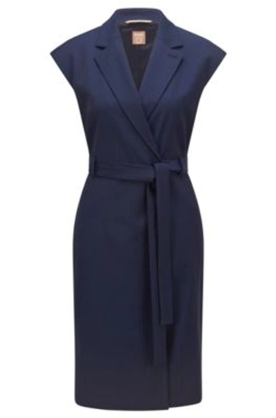 Hugo Boss Wrap Dress In Stretch Wool With Tie-up Belt In Patterned