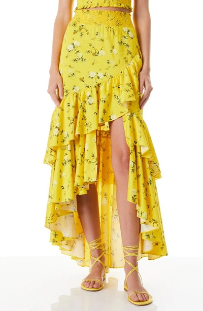 Alice And Olivia Cristina Ditsy Floral Stretch Cotton Asymmetric Skirt In Yellow