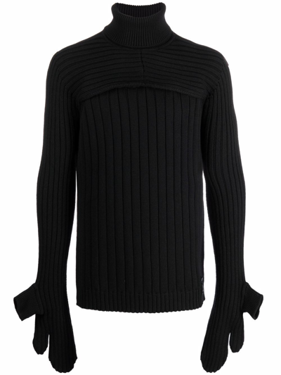Fendi Wool Sweater With Asymmetrical Sleeves And Ribbed Knit In Black