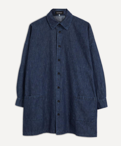 Eskandar Wide A-line Denim Shirt Jacket With Collar (very Long Length) In Jean Dark