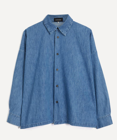 Eskandar Wide A-line Denim Shirt With Collar (mid Length) In Denim Light