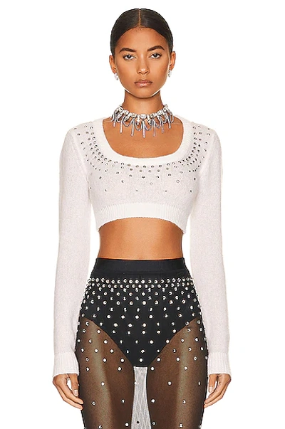 Alessandra Rich Stud-embellished Cropped Mohair-blend Knitted Top In White Wool