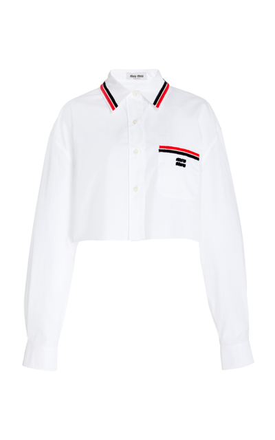 Miu Miu Contrast-stripe Cropped Regular-fit Cotton Shirt In White