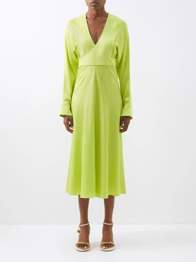 Victoria Beckham Cufflinked Crepe Wrap Dress In Bright Green