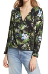 Halogen Cross Front Blouse In Black- Green Wildflower Fileds