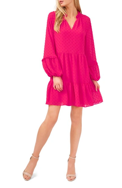 Cece Clip Dot Ruffle Long Sleeve Shift Dress In Bright Rose