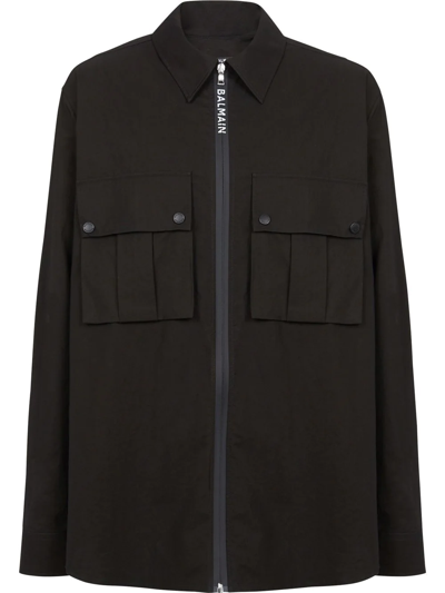 Balmain Zip-up Cotton Shirt In Nero