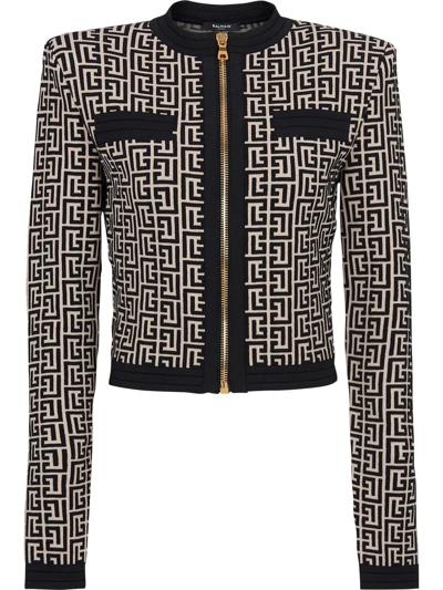 Balmain Monogram-pattern Cropped Jacket In Avorio/nero
