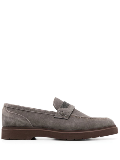 Brunello Cucinelli Bead-detail Suede Loafers In Grey