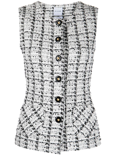 St John Plaid Textured Tweed Knit Vest In Ecru Black