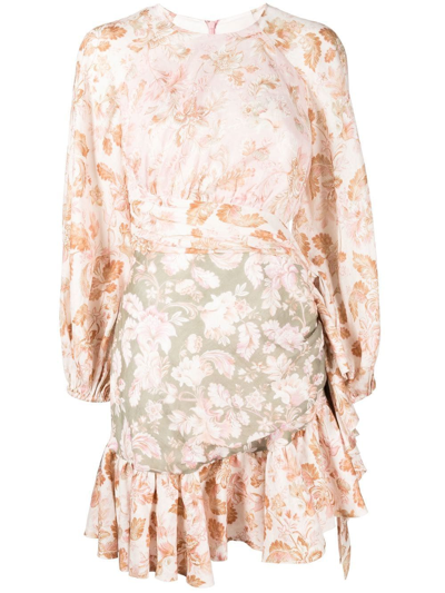 Zimmermann Lyre Floral Gathered Long-balloon Sleeve Wrap Dress In Multi