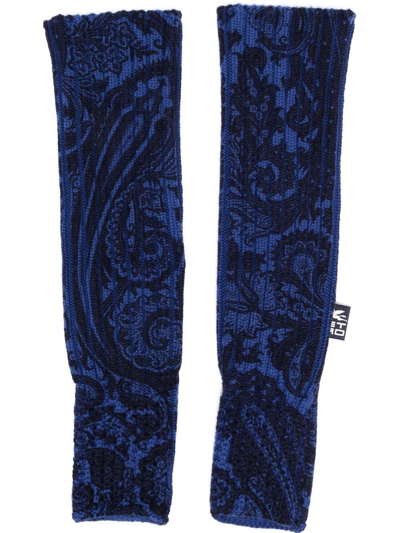 Etro Logo-patch Knitted Gloves In Blau