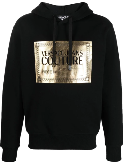 Versace Jeans Couture Metallic Logo-print Cotton Hoodie In Schwarz