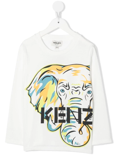 Kenzo Kids' Elephant-print Long-sleeved T-shirt In White