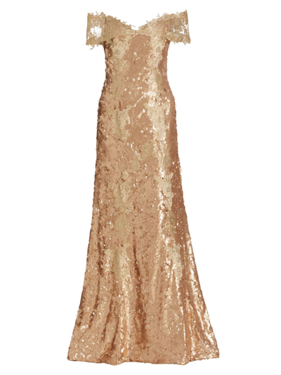 Rene Ruiz Collection Sequined Off-the-shoulder Gown In Gold