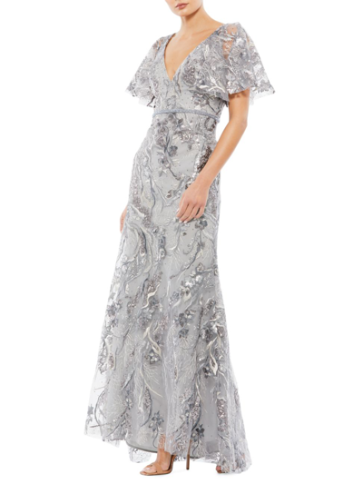 Mac Duggal Embroidered Sequin Flutter Sleeve Gown In Platinum