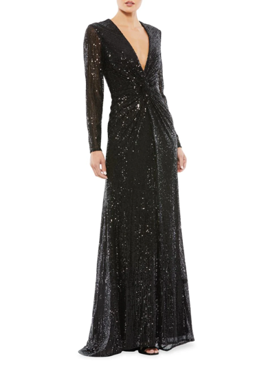 Mac Duggal Knotted Sequin Gown In Black