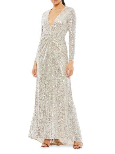 Mac Duggal Knotted Sequin Gown In Silver