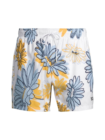 Hugo Boss Floral-print Swim Shorts With Logo Detail In Light Yellow