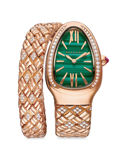 Bvlgari Women's Serpenti Spiga 18k Rose Gold, Malachite, & Diamond Single-twist Bracelet Watch