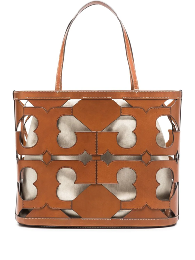 Tory Burch Cut-out Logo Leather Tote Bag In Brown