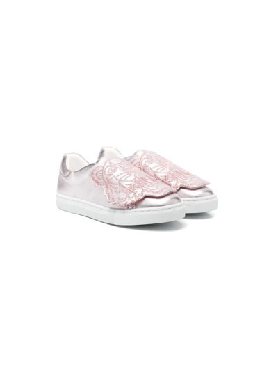 Kenzo Kids' Embroidered-tiger Slip-on Sneakers In Pink