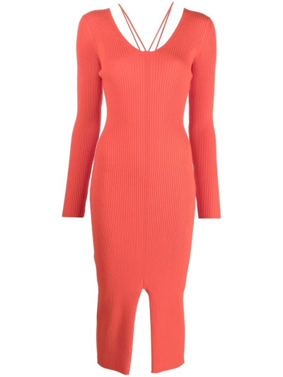 Aeron ‘rivoli' Spaghetti Strap Ribbed V-neck Long Dress In Red