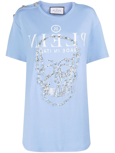 Philipp Plein Crystal Skull Cotton T-shirt In Blue